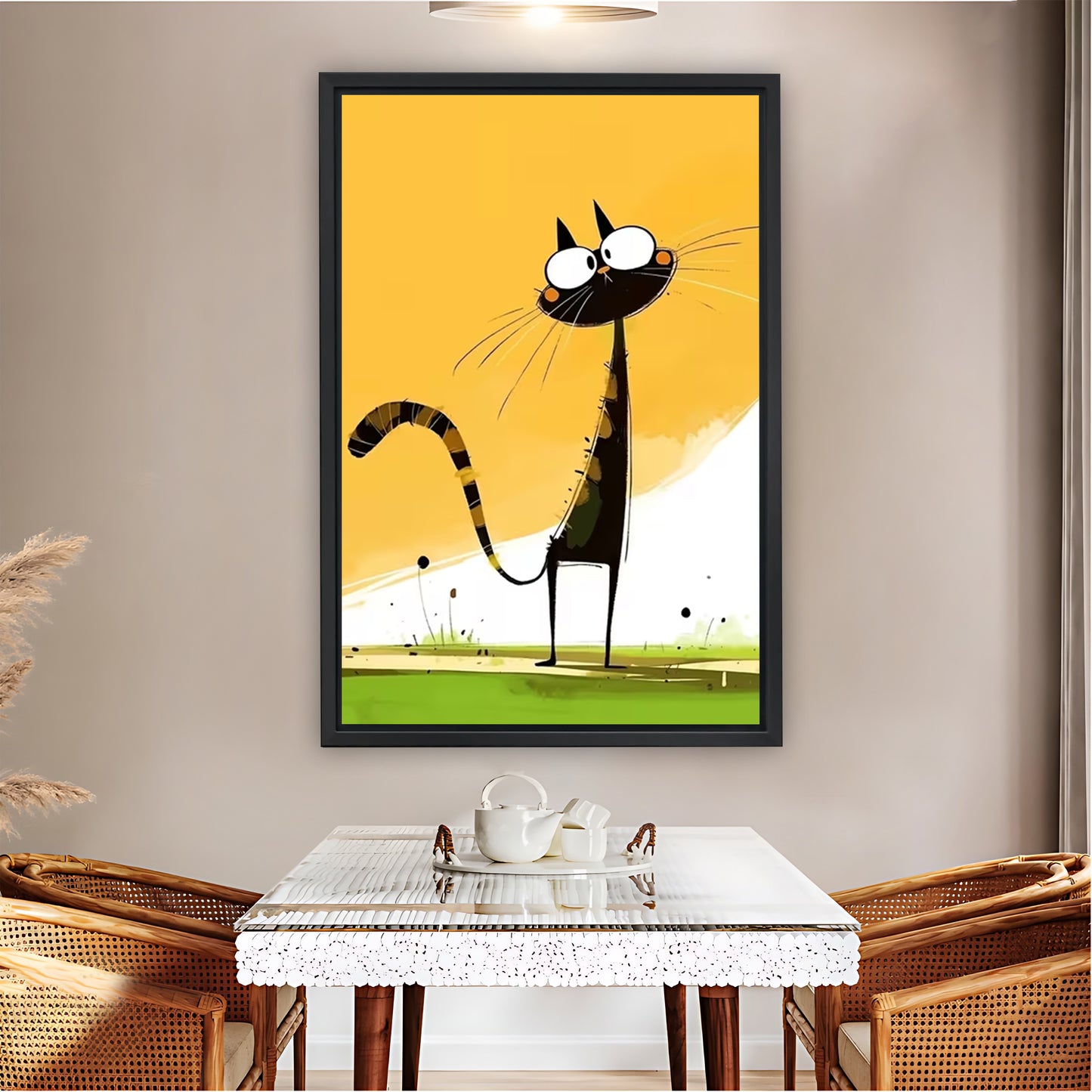 Quirky Tall Black Cat Orange Background Wall Art Print| Liberty Signs #L1560