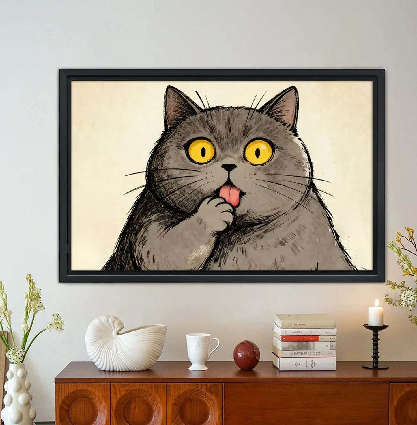 Cute Chubby Gray Cat with Bright Yellow Eyes Wall Art Print| Liberty Signs #L1615