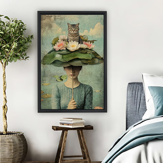 Surreal Cat on Lotus Umbrella Illustration Wall Art|Liberty Signs #L872