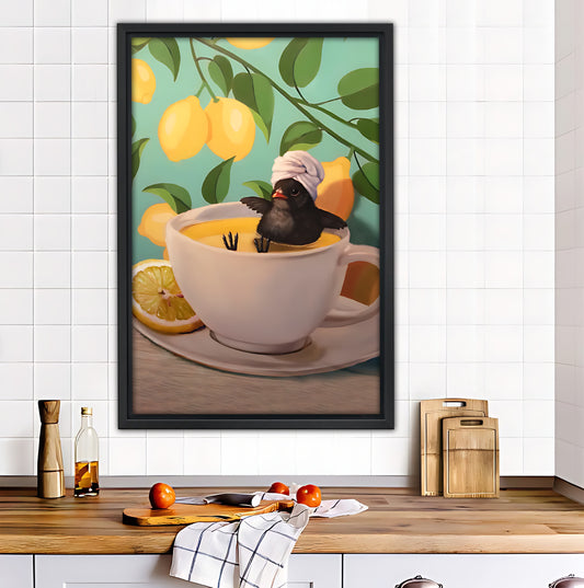 Bird in Teacup with Lemons Whimsical Wall Art Print|Liberty Signs #L542