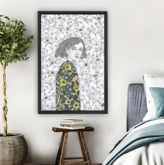 Vintage Woman with Floral Background Illustration Wall Art|Liberty Signs #L841