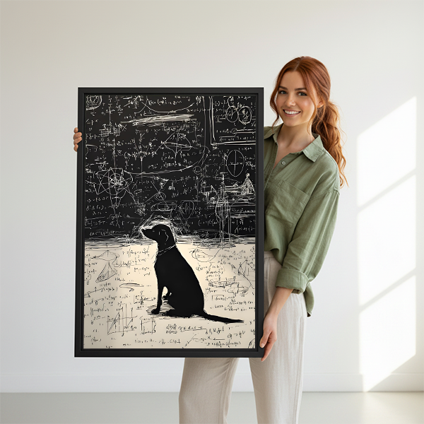 Woman holding large genius dog math formula black white framed canvas print showing size reference in bright white studio