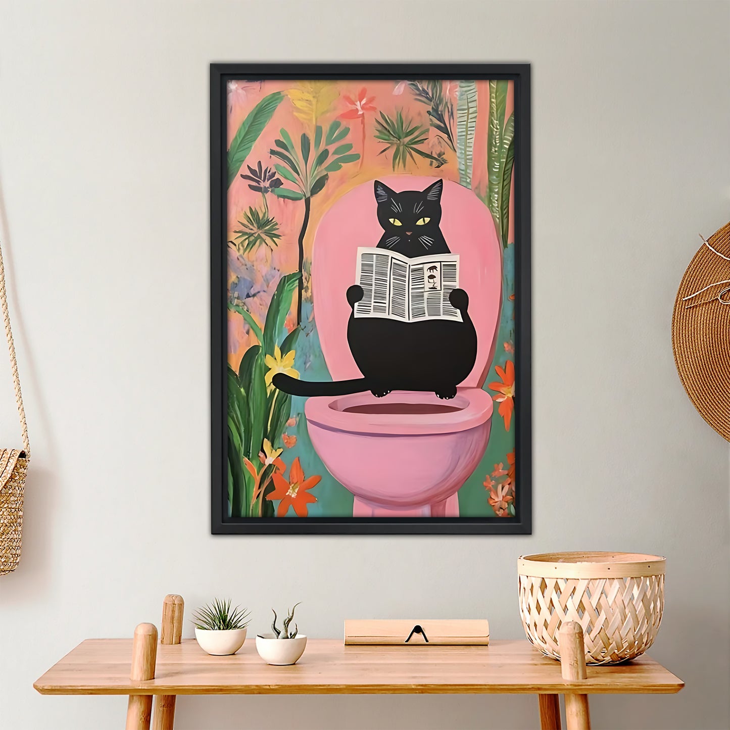 Funny Bathroom Cat Wall Art - Black Cat Reading Newspaper Canvas|Liberty Signs #L343
