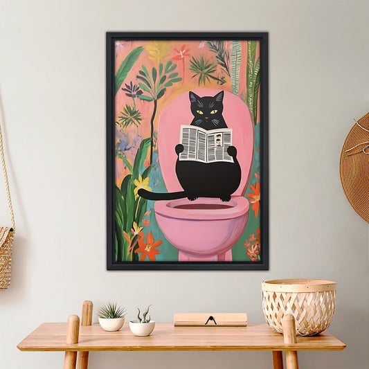 Funny Bathroom Cat Wall Art - Black Cat Reading Newspaper Canvas|Liberty Signs #L343