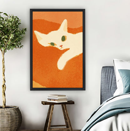 Minimalist White Cat Orange Background Wall Art Print| Liberty Signs #L1578