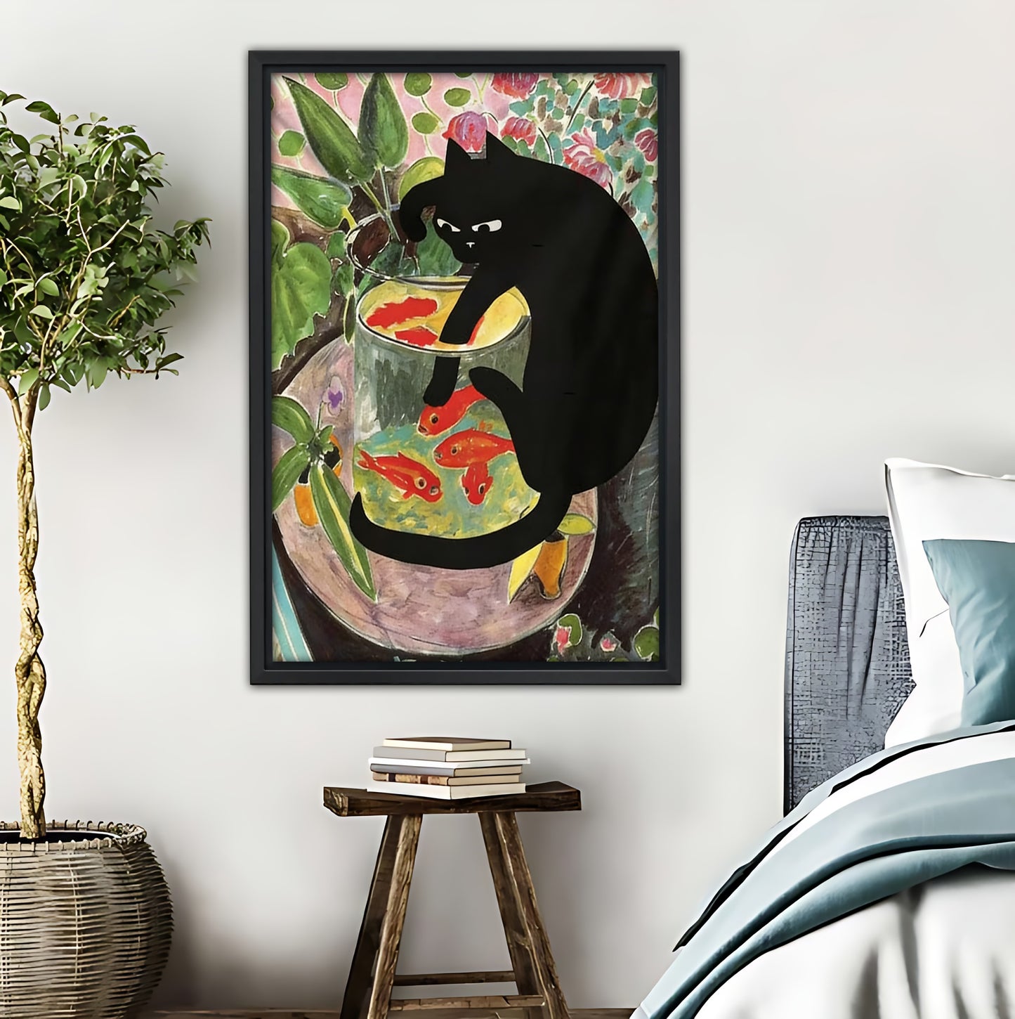 Whimsical Black Cat in Tropical Garden Art Print | Boho Wall Decor|Liberty Signs #L414