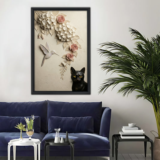 Black Cat with Hummingbird Floral Wall Art - Elegant Canvas Print|Liberty Signs#L316