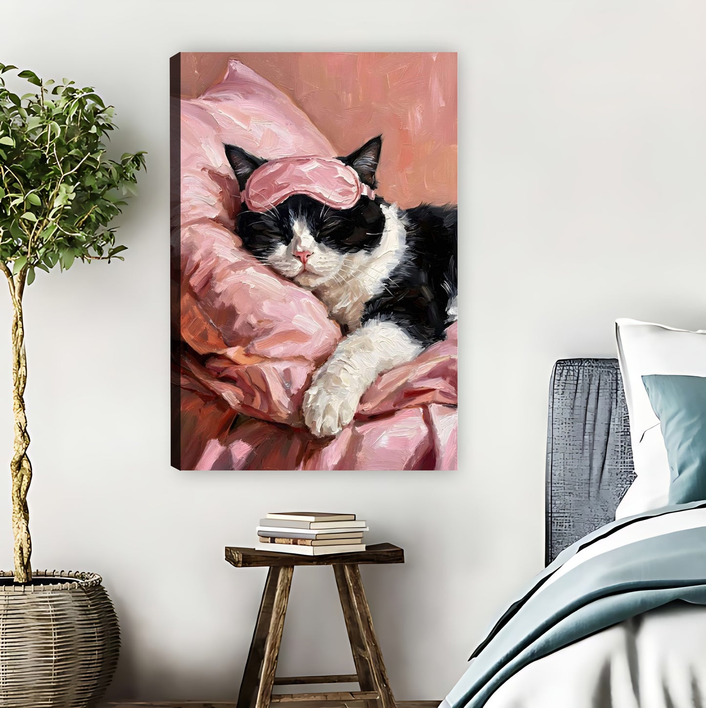 Cozy Tuxedo Cat with Pink Sleep Mask Wall Art Print| Liberty Signs #L1566