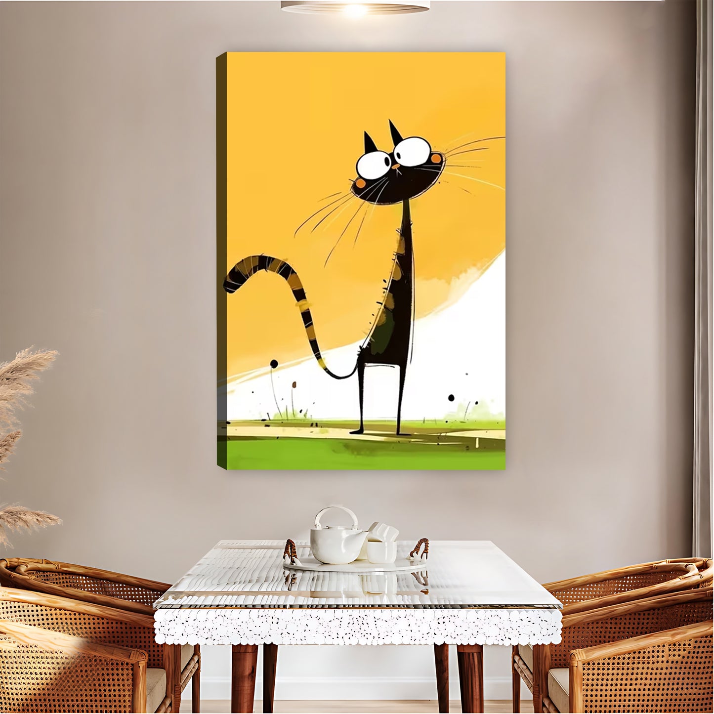 Quirky Tall Black Cat Orange Background Wall Art Print| Liberty Signs #L1560