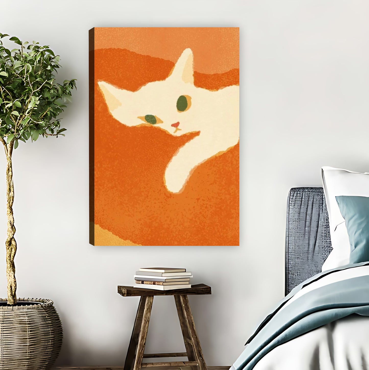 Minimalist White Cat Orange Background Wall Art Print| Liberty Signs #L1578