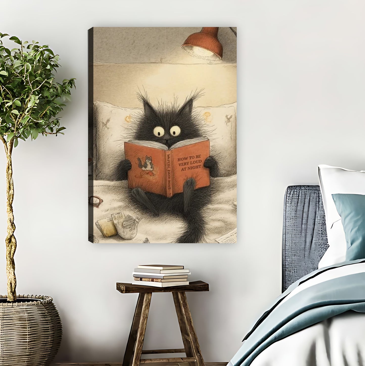 Black Cat Reading Book in Bed Cozy Wall Art Print| Liberty Signs #L887