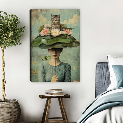 Surreal Cat on Lotus Umbrella Illustration Wall Art|Liberty Signs #L872
