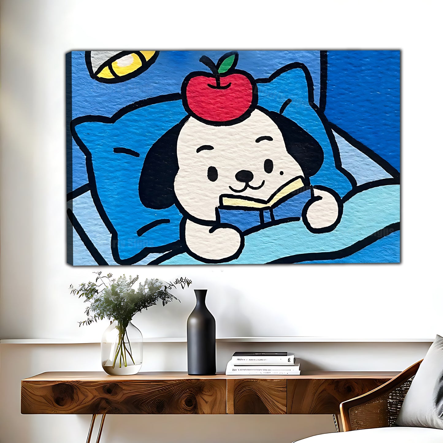 Cute Puppy with Apple on Head Art Print | Cozy Blue Kids' Wall Decor|Liberty Signs #L521