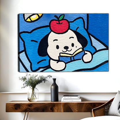 Cute Puppy with Apple on Head Art Print | Cozy Blue Kids' Wall Decor|Liberty Signs #L521