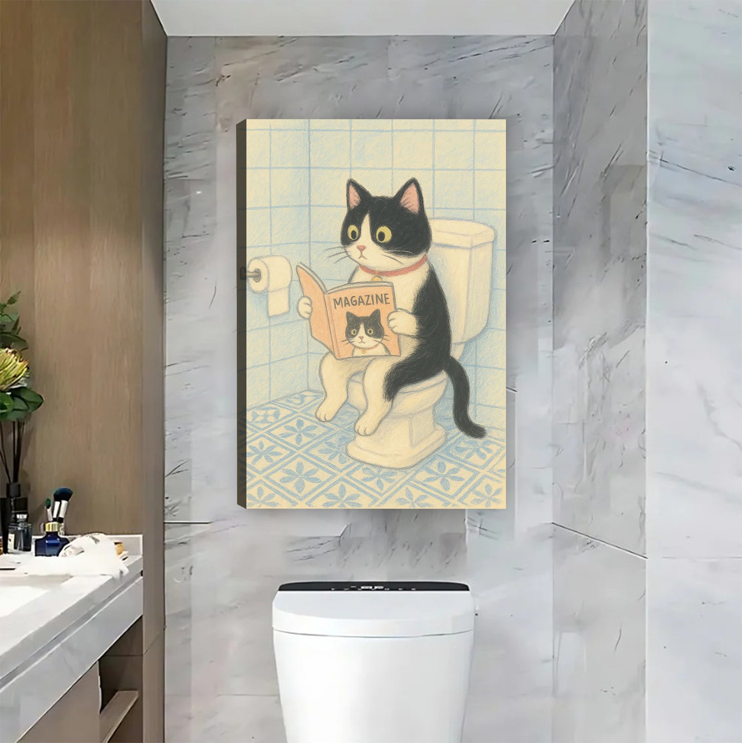 Cat on Toilet Reading Magazine Funny Bathroom Wall Art| Liberty Signs #L882