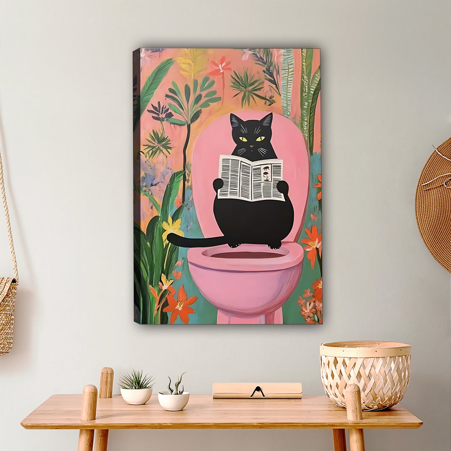 Funny Bathroom Cat Wall Art - Black Cat Reading Newspaper Canvas|Liberty Signs #L343