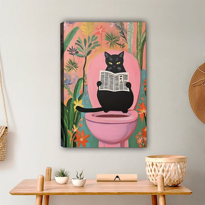 Funny Bathroom Cat Wall Art - Black Cat Reading Newspaper Canvas|Liberty Signs #L343