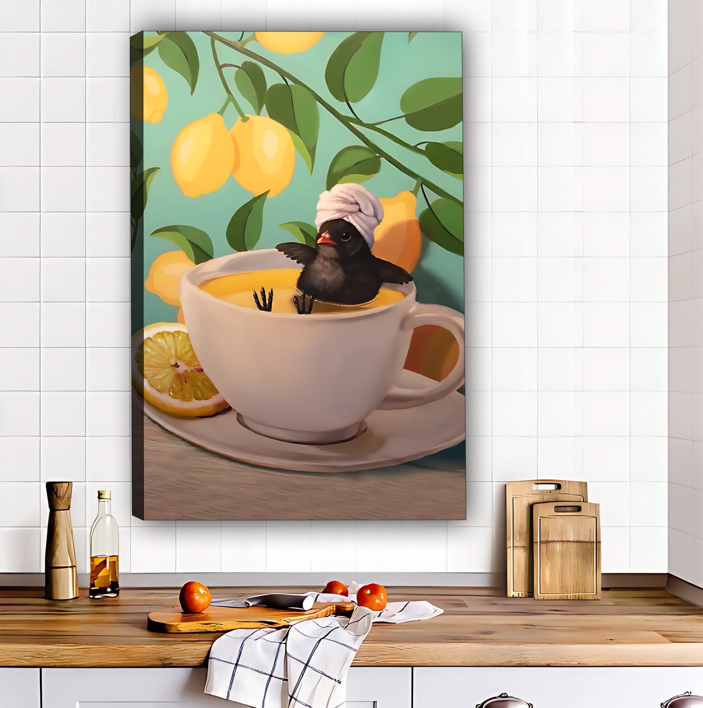 Bird in Teacup with Lemons Whimsical Wall Art Print|Liberty Signs #L542