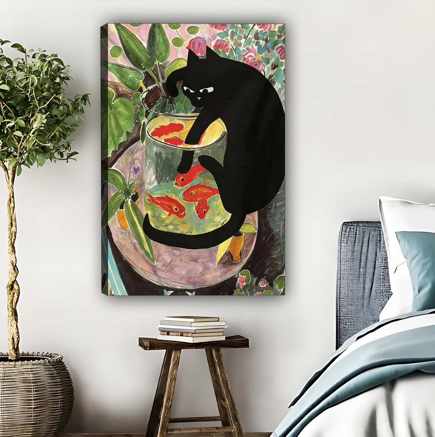 Whimsical Black Cat in Tropical Garden Art Print | Boho Wall Decor|Liberty Signs #L414