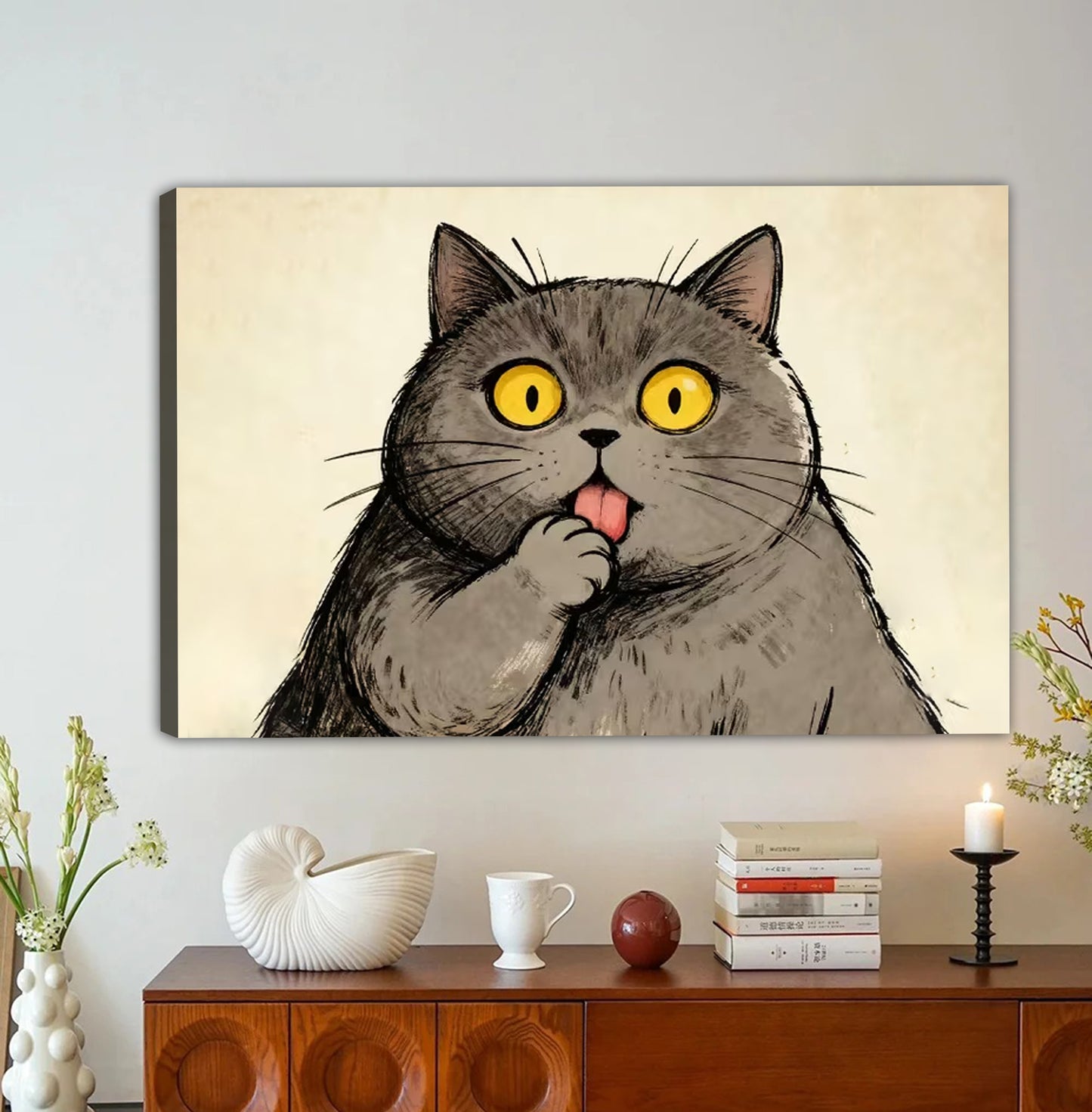 Cute Chubby Gray Cat with Bright Yellow Eyes Wall Art Print| Liberty Signs #L1615