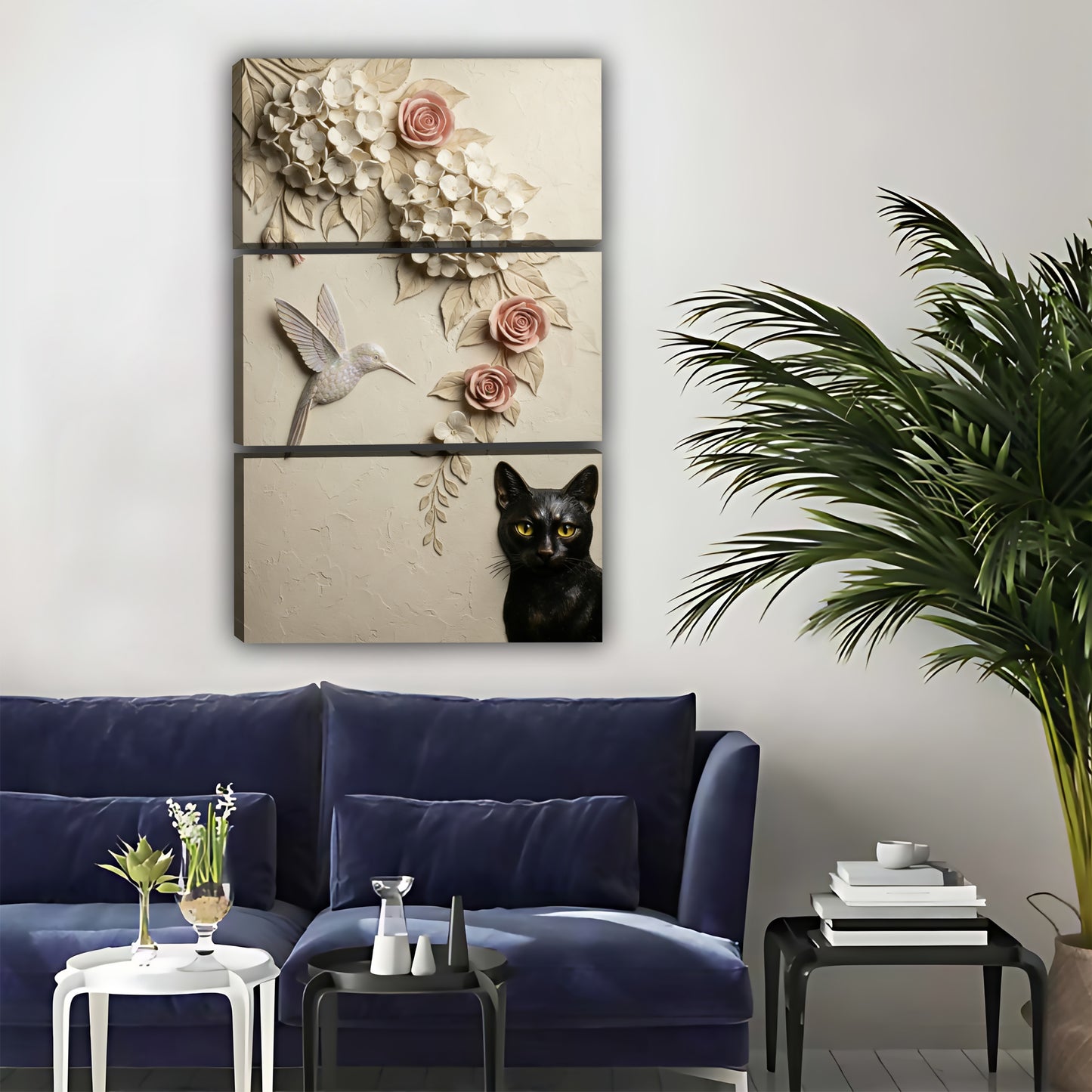 Black Cat with Hummingbird Floral Wall Art - Elegant Canvas Print|Liberty Signs#L316