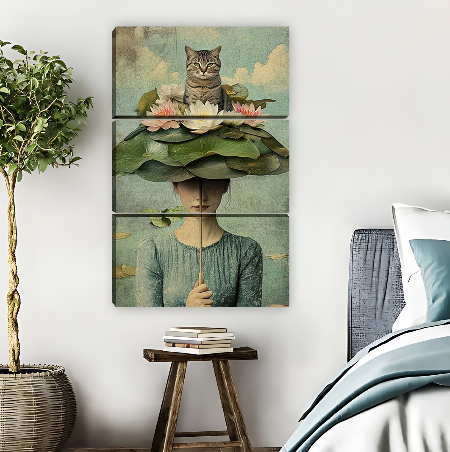 Surreal Cat on Lotus Umbrella Illustration Wall Art|Liberty Signs #L872