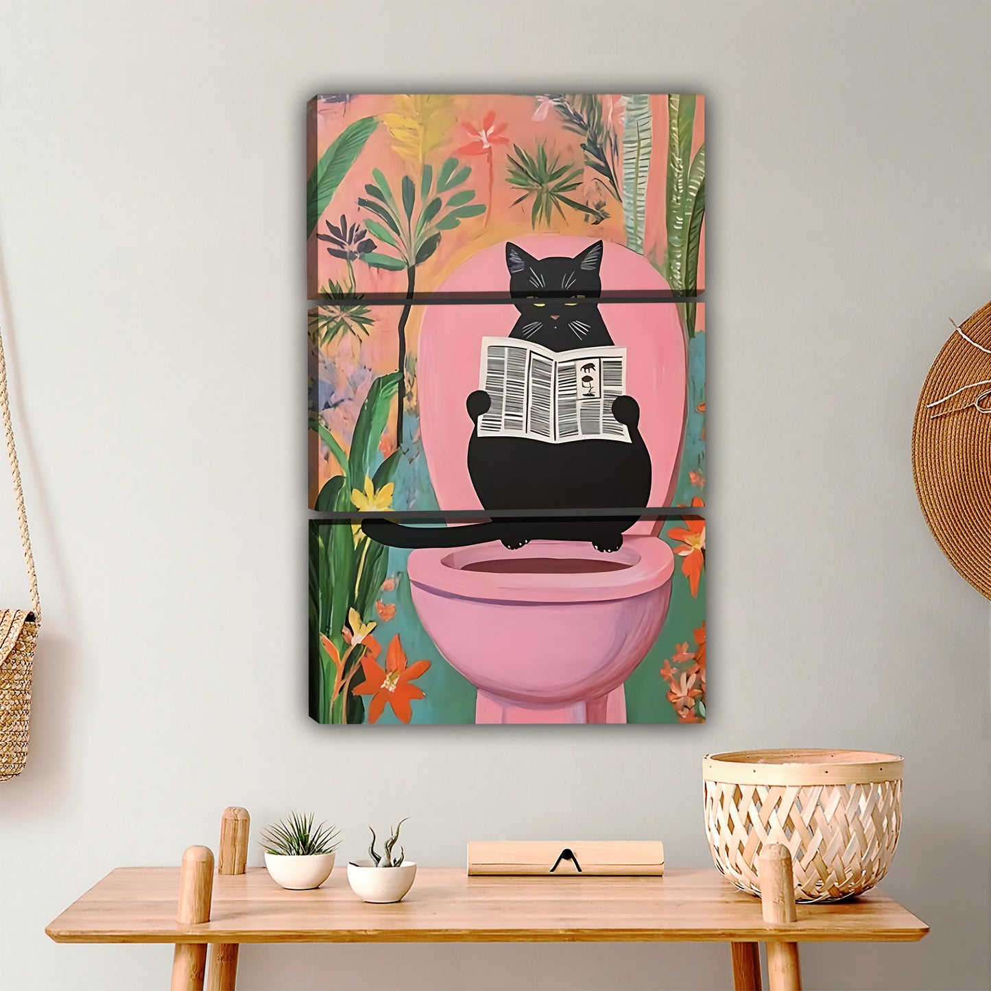 Funny Bathroom Cat Wall Art - Black Cat Reading Newspaper Canvas|Liberty Signs #L343