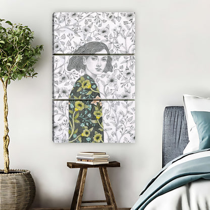 Vintage Woman with Floral Background Illustration Wall Art|Liberty Signs #L841