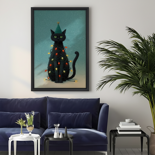 Christmas Black Cat Framed Canvas Wall Art Print|Liberty Signs #L1681