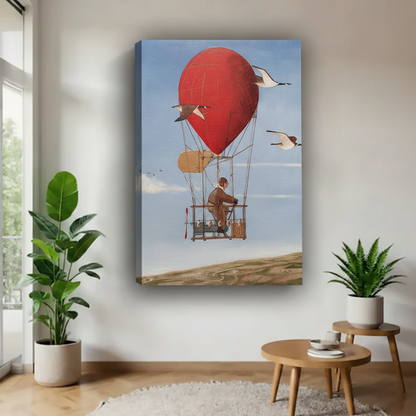 Steampunk hot air balloon fantasy oil painting gallery wrap canvas wall art, frameless with visible canvas edge and wall shadow, whimsical decor