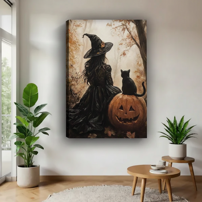 Frameless gallery wrap canvas of Halloween witch black cat pumpkin art print hanging in minimalist white living room