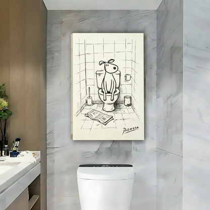 Funny Dog on Toilet Sketch Framed Canvas Bathroom Art|Liberty Signs #L1714
