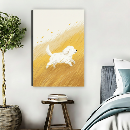 Happy White Dog Running Field Framed Canvas Wall Art|Liberty Signs#L1788