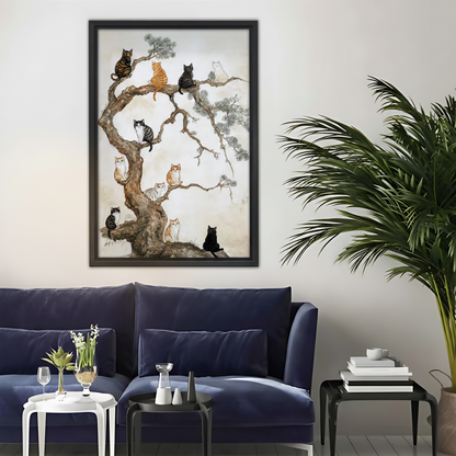 Cats on Pine Tree Botanical Framed Canvas Wall Art|Liberty Signs#L1795