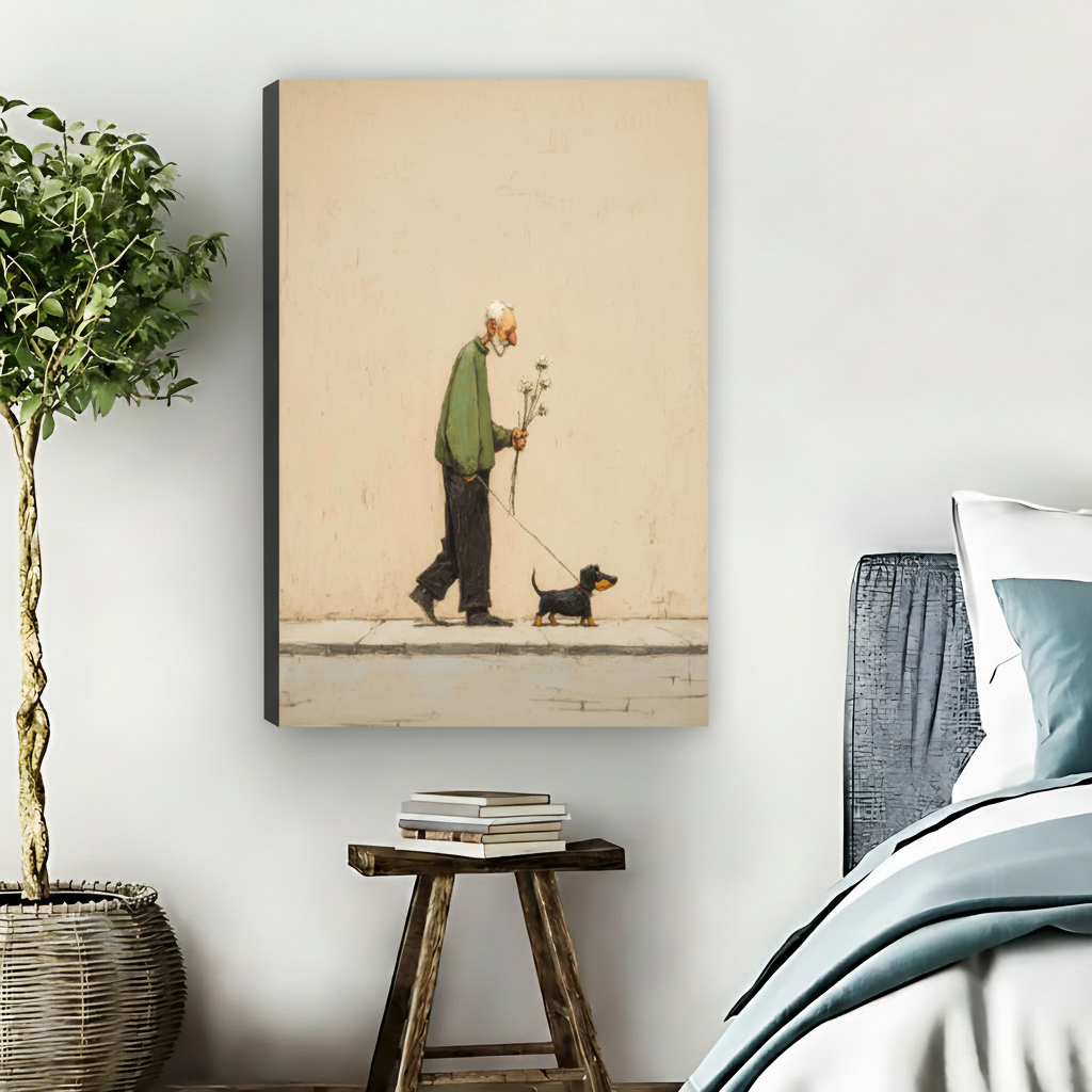 Old Man Walking Dachshund Framed Canvas Wall Art|Liberty Signs#L1818
