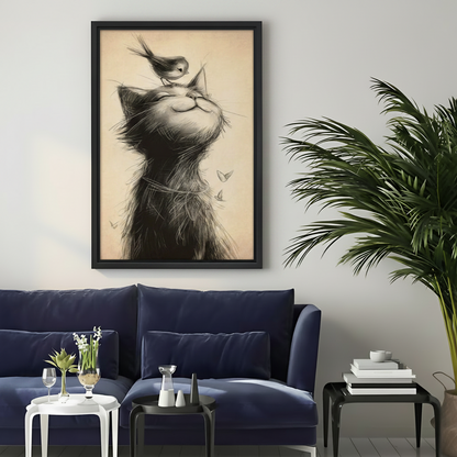 Charcoal Cat and Bird Sketch Framed Canvas Wall Art|Liberty Signs#L1740