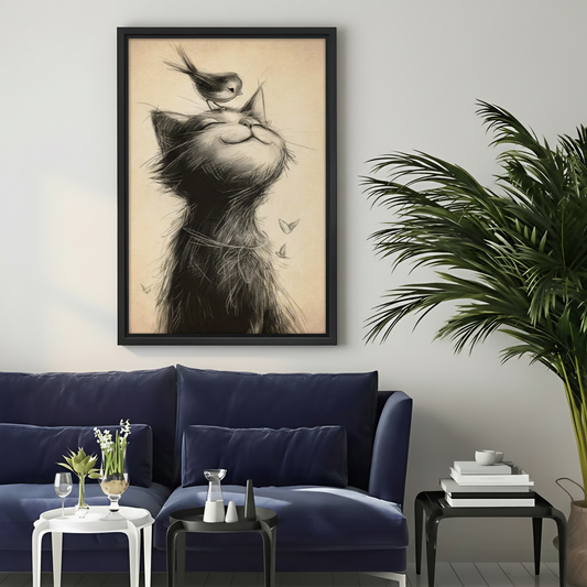 Charcoal Cat and Bird Sketch Framed Canvas Wall Art|Liberty Signs#L1740