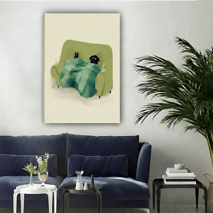 Cute cat and dog on green sofa canvas art print — whimsical pet wall decor for living room