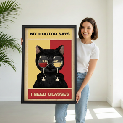 Woman holding large framed funny cat canvas, My Doctor Says I Need Glasses wall art print, black frame