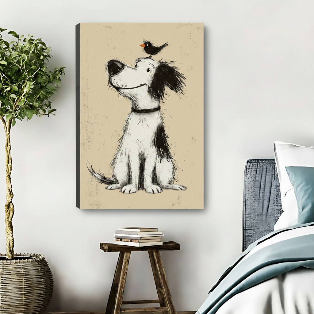 Smiling Dog & Bird Framed Canvas Wall Art – Sketch Animal Print|Liberty Signs#L1754