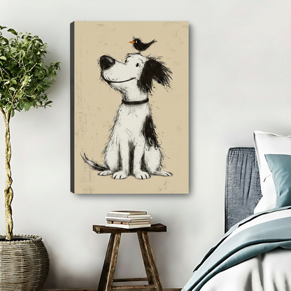 Smiling Dog & Bird Framed Canvas Wall Art – Sketch Animal Print|Liberty Signs#L1754