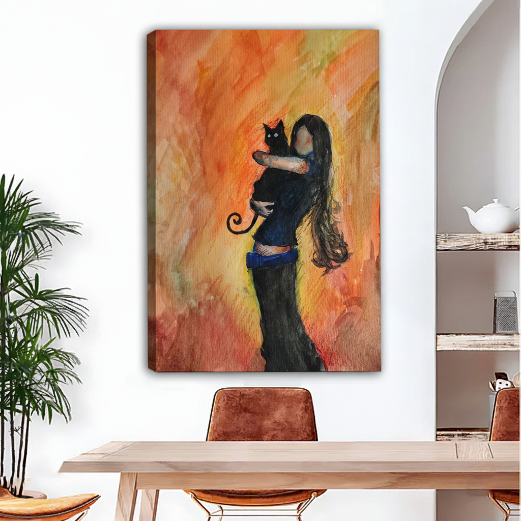 Girl holding black cat gallery wrap canvas print displayed in bright dining room
