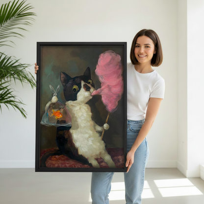 Woman holding large vintage cat wall art print — whimsical tuxedo cat with cotton candy and goldfish bowl