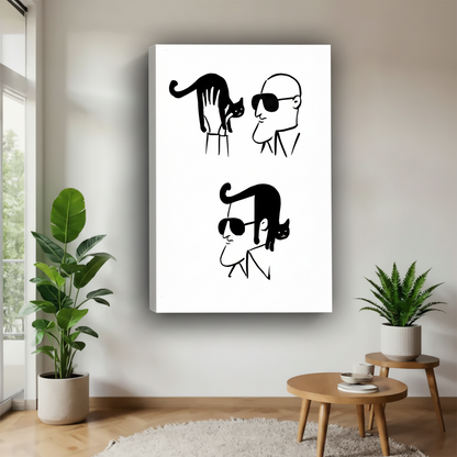 Black and white cat and figure minimalist canvas art print for contemporary home decor
