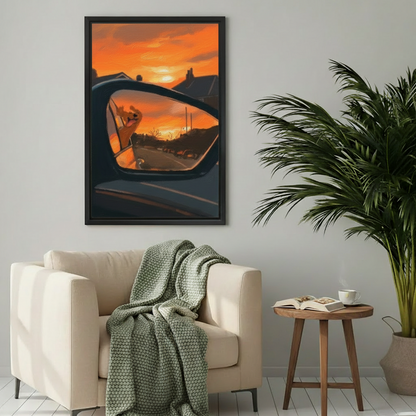 Dog rearview mirror sunset canvas wall art in black frame above a cream armchair in a cozy living room