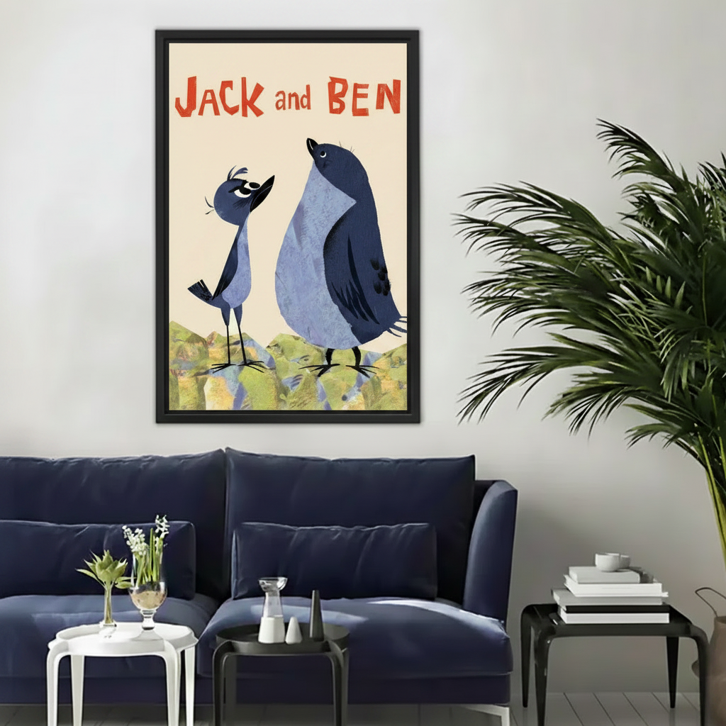 Jack and Ben whimsical bird art print – framed canvas displayed in modern living room above navy sofa