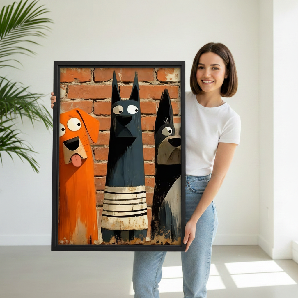 Woman holding large framed graffiti three dogs brick wall canvas print, funny cartoon dog wall art size reference photo
