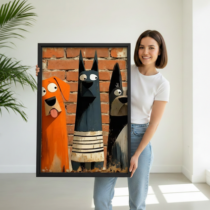 Woman holding large framed graffiti three dogs brick wall canvas print, funny cartoon dog wall art size reference photo