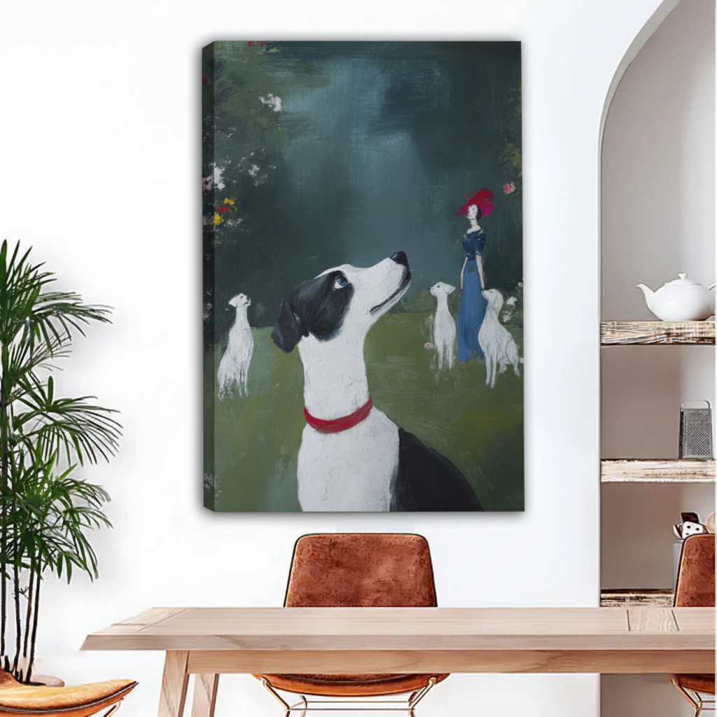 Classic vintage dog garden canvas art gallery wrap displayed in modern dining room