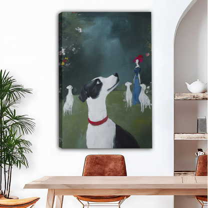 Classic vintage dog garden canvas art gallery wrap displayed in modern dining room